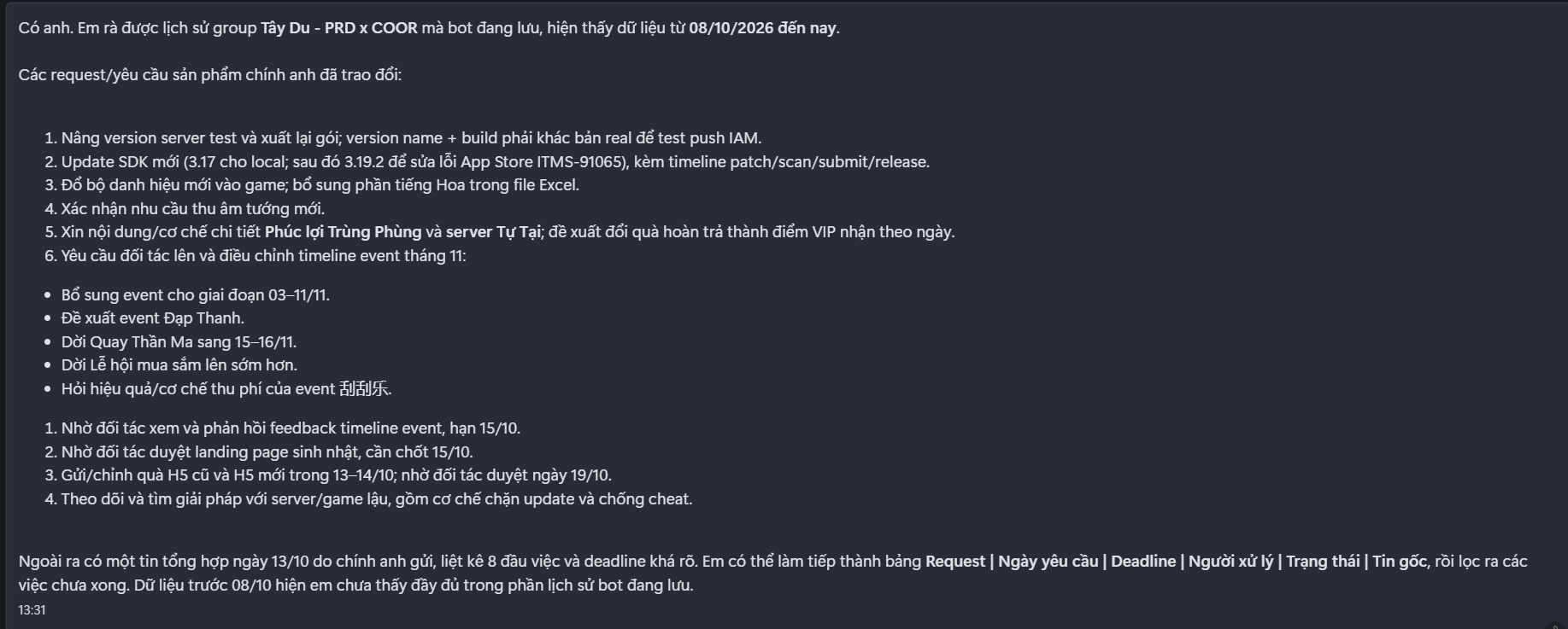 AI Agent tóm tắt request từ group Zalo